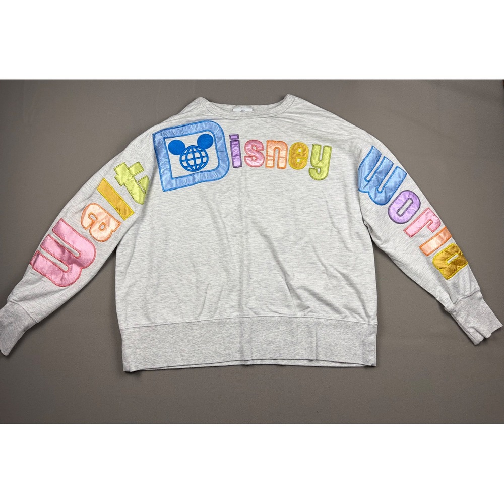 Disney Parks Walt Disney World Gray Rainbow Satin Applique Sweatshirt Large